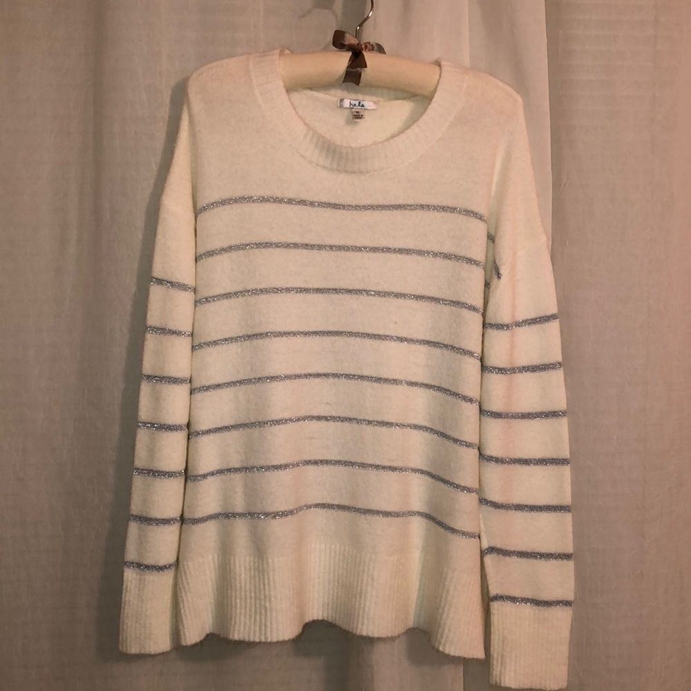 Isela XL Ivory Silver Metallic Crewneck Long Sleeve Knit Pullover